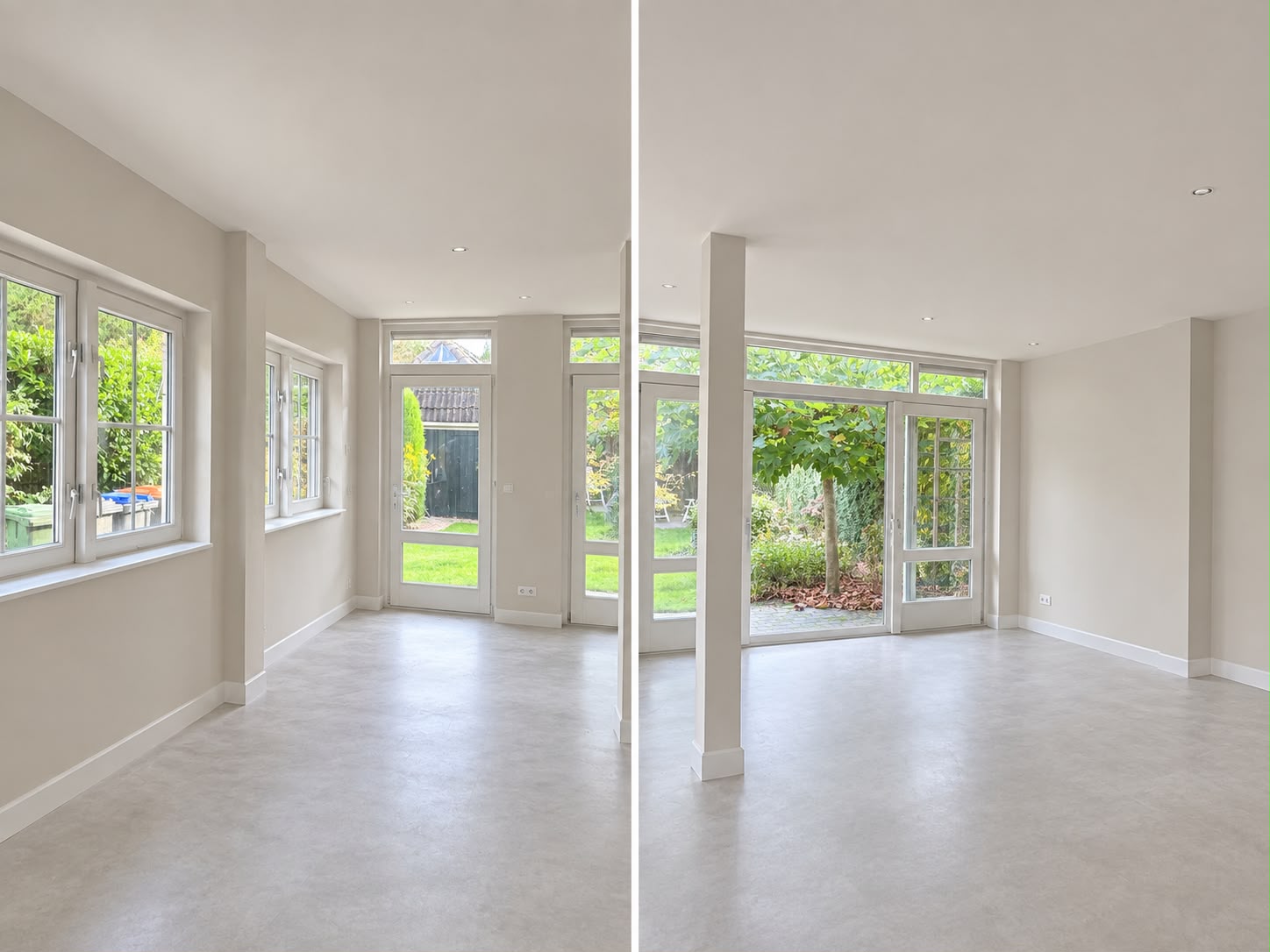 Woonkamer voor en na het stucwerk en de schilderafwerking